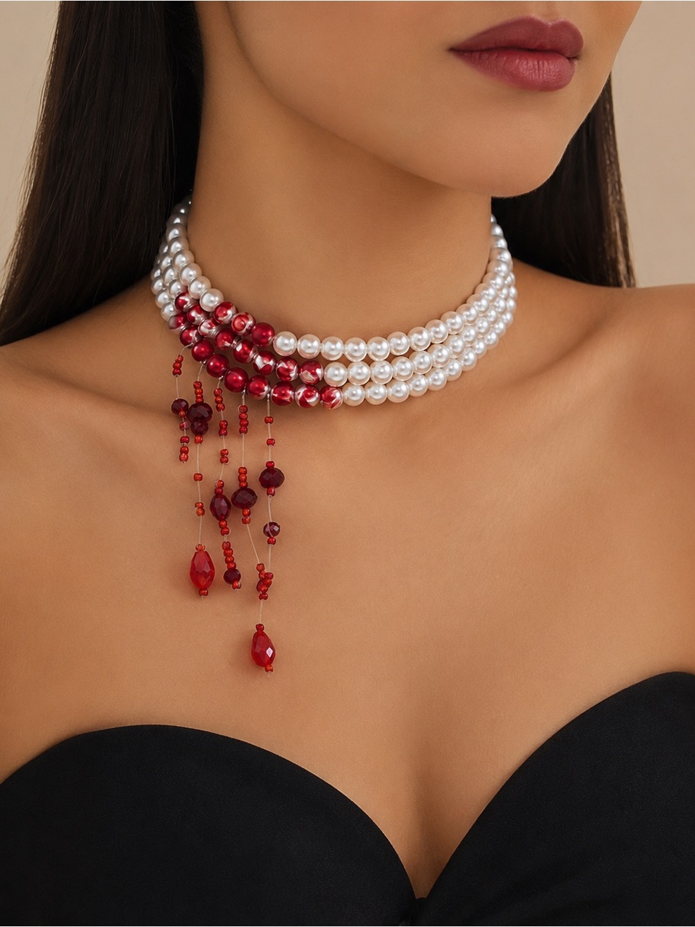 Pearl & Ruby Red Statement Choker Necklace | Elegant Multi-Strand Beaded Collar